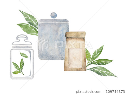Watercolor hand drawn illustration. Porcelain tea pot cups paper bag green leaves storage jar. Isolated on white background. For invitations, cafe, restaurant food menu, print, website, cards Watercolor hand drawn illustration. Porcelain tea pot cups paper bag green leaves storage jar. Isolated on white background. For invitations, cafe, restaurant food menu, print, website, cards 109754873