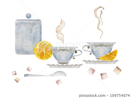 Watercolor hand drawn illustration Porcelain tea cups, storage jar, crockery, sugar cubes lemon slices. Isolated on white background. For invitations, cafe, restaurant food menu, print, website, cards Watercolor hand drawn illustration Porcelain tea cups, storage jar, crockery, sugar cubes lemon slices. Isolated on white background. For invitations, cafe, restaurant food menu, print, website, cards 109754874