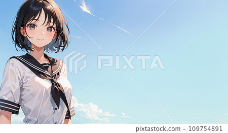 一個穿著制服、藍天背景、右空間的女孩的插圖“AI 生成圖像” 109754891