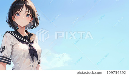 一個穿著制服、藍天背景、右空間的女孩的插圖“AI 生成圖像” 109754892