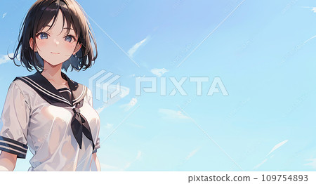 Illustration of a girl in uniform, blue sky background, right space "AI generated image" Illustration of a girl in uniform, blue sky background, right space "AI generated image" 109754893