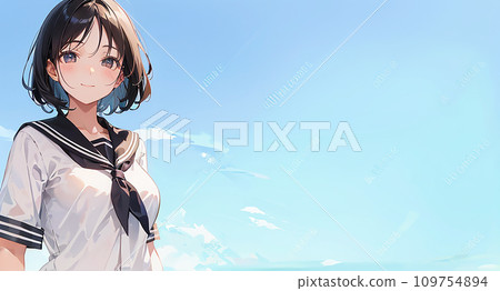 Illustration of a girl in uniform, blue sky background, right space "AI generated image" 109754894