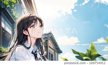 抬頭仰望藍天的女學生插畫“AI生成圖像” 109754912