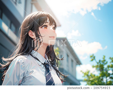 抬頭仰望藍天的女學生插畫“AI生成圖像” 109754915