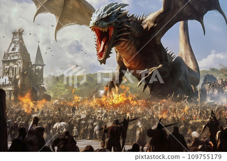 A Mighty Dragon Battles a Large Crowd of People Engulfed in Flames 109755179