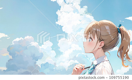 一個穿著制服的女孩的插圖，固定時間，藍天背景，左側空間“AI 生成圖像” 109755190