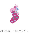 Christmas stocking. A colorful flat illustration of a polka dot red sock, hanging, with pink fur trimming and a note tied with ribbon. Isolated on a white background. 109755735