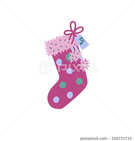 Christmas stocking. A colorful flat illustration of a polka dot red sock, hanging, with pink fur trimming and a note tied with ribbon. Isolated on a white background. 109755735