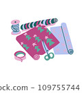 Christmas gift wrapping workplace. A colorful flat illustration of three decorative paper rolls, scissors, ribbon, and tape. Isolated on a white background 109755744