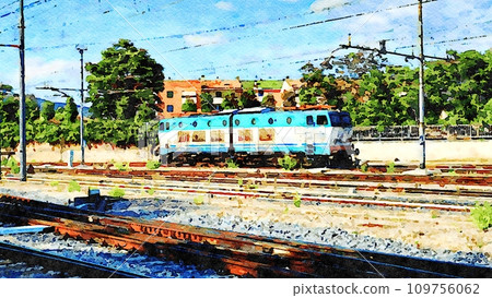 An electric locomotive rests on the tracks of a station. 109756062