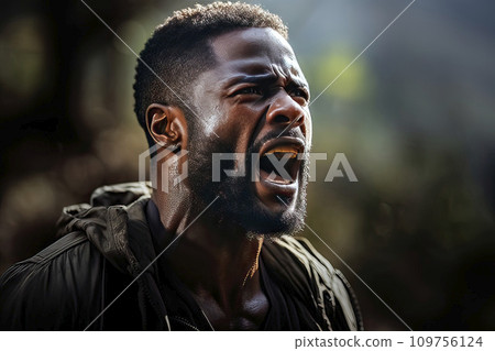 Desperate shouting black man with short hair and trimmed beard frowning 109756124
