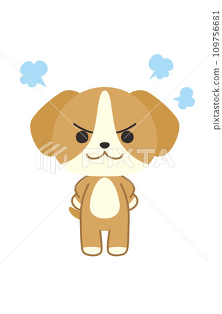 Illustration of a cute angry dog with his hands on his hips, whole body, white background, vector clip art 109756681