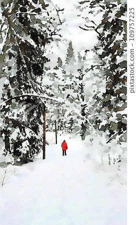 A person dressed in red walks in the snowy forest during a sunny day. 109757225