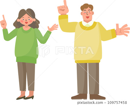 Smiling woman and man pointing fingers Smiling woman and man pointing fingers 109757458