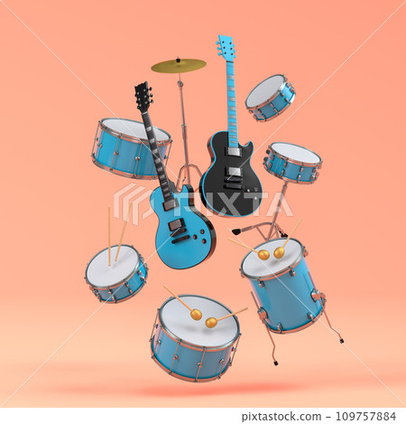 Set of electric acoustic guitars and drums with cymbals on orange background Set of electric acoustic guitars and drums with cymbals on orange background 109757884