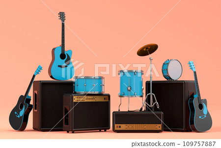 Set of electric acoustic guitars, amplifiers and drums with cymbal on orange Set of electric acoustic guitars, amplifiers and drums with cymbal on orange 109757887