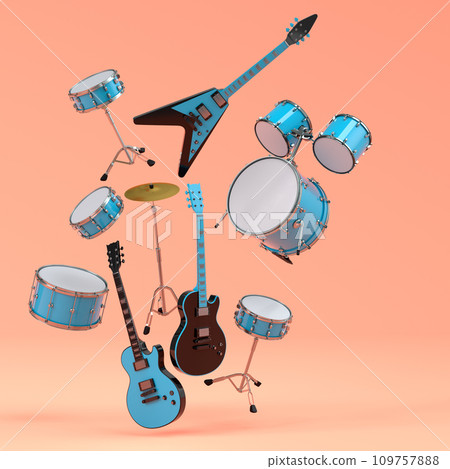 Set of electric acoustic guitars and drums with cymbals on orange background Set of electric acoustic guitars and drums with cymbals on orange background 109757888