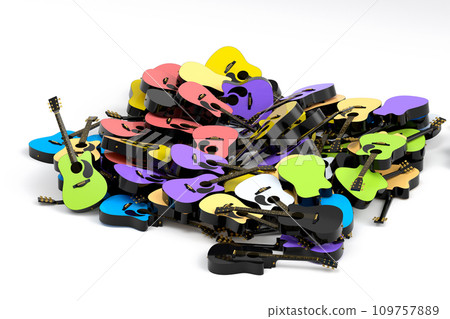Heap of flying acoustic guitars isolated on white background. Heap of flying acoustic guitars isolated on white background. 109757889