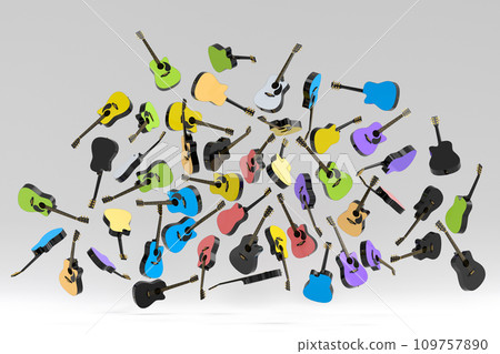 Many of flying acoustic guitars isolated on white background. Many of flying acoustic guitars isolated on white background. 109757890