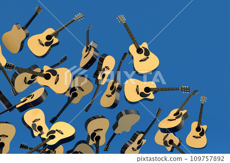 Many of flying acoustic guitars isolated on blue background. Many of flying acoustic guitars isolated on blue background. 109757892