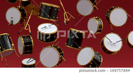 Many of flying drums with metal cymbals or drumset on red background Many of flying drums with metal cymbals or drumset on red background 109757894