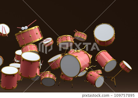 Many of flying drums or drumset on dark background Many of flying drums or drumset on dark background 109757895
