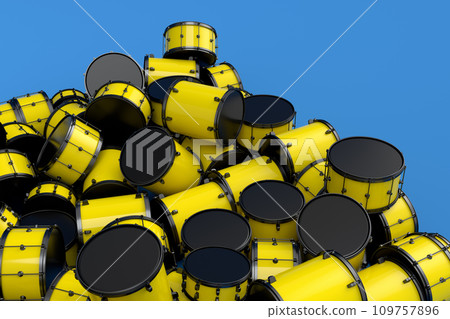Heap of drums or drumset lying on blue background 109757896