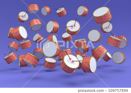 Many of flying drums or drumset on violet background 109757899
