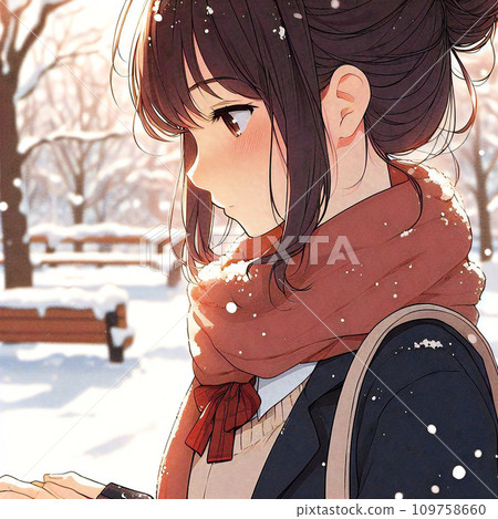 站在冬季公園裡的側身女孩的插圖 站在冬季公園裡的側身女孩的插圖 109758660