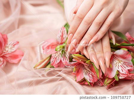 Elegant pastel pink natural manicure. Elegant pastel pink natural manicure. 109758727