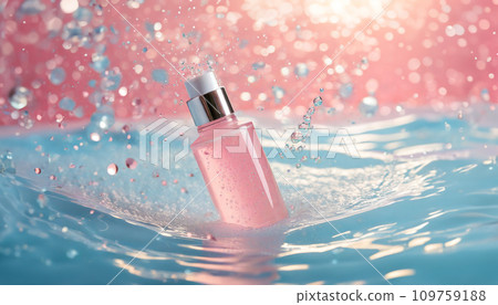 一瓶粉紅色液體落在淺藍色水面上，閃閃發光的水花（AI 生成的圖像） 109759188