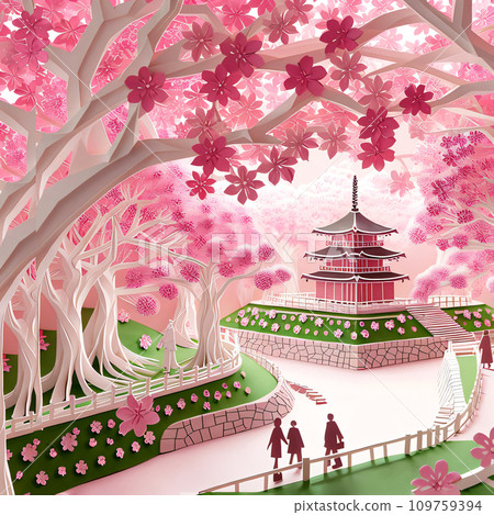 Cherry blossoms spring flower paper cut. Japanese sakura garden, papercut style. 109759394