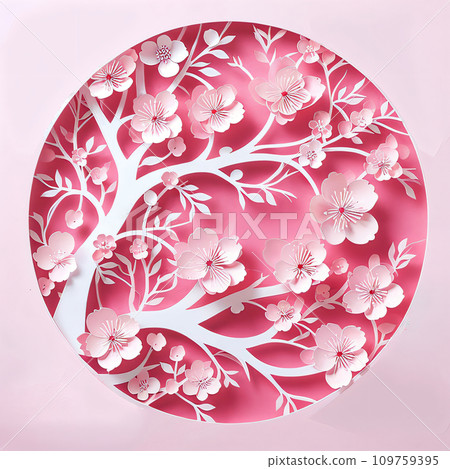 Cherry blossoms spring flower paper cut. Japanese sakura garden, papercut style. 109759395