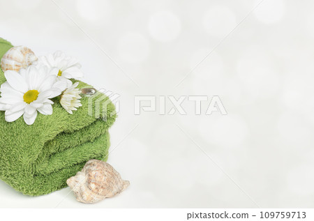 Green towel, shells and flowers on white background Green towel, shells and flowers on white background 109759713