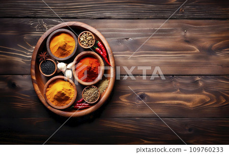 Set of various spices, cardamom, paprika, peppers, garlic, turmeric in bamboo bowls on a dark wooden background 109760233