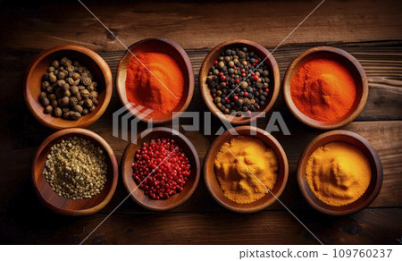 Set of various spices, cardamom, paprika, peppers, garlic, turmeric in bamboo bowls on a dark wooden background 109760237