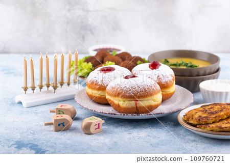 Traditional Jewish holiday Hanukkah food. Traditional Jewish holiday Hanukkah food. 109760721
