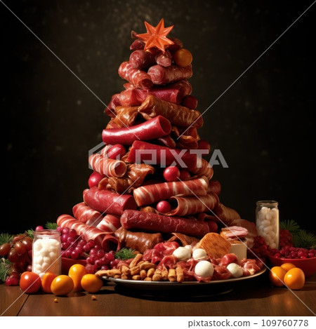 AI-generated content. Christmas tree made from different sausages 109760778