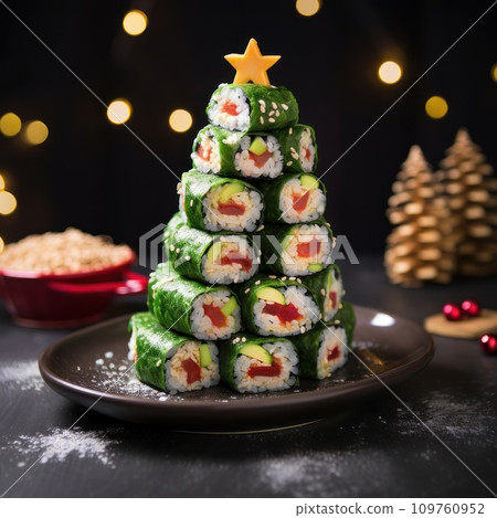 AI-generated content. Christmas tree made from different sushi 109760952