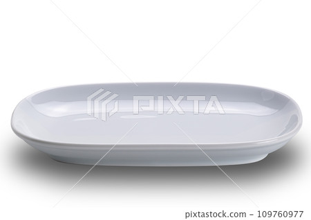 High angle view or flat lay of single empty white ceramic tray. 109760977