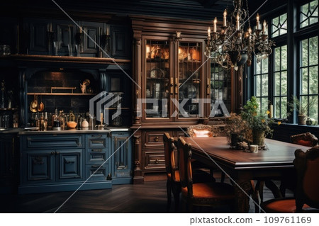 AI-generated content. Dark luxury vintage style kitchen interior AI-generated content. Dark luxury vintage style kitchen interior 109761169