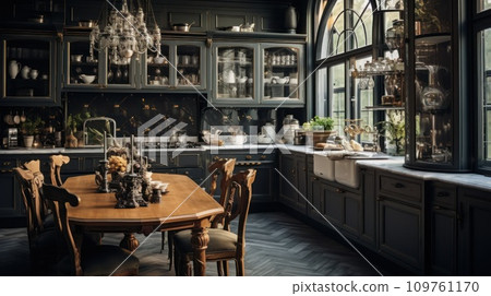 AI-generated content. Dark luxury vintage style kitchen interior 109761170