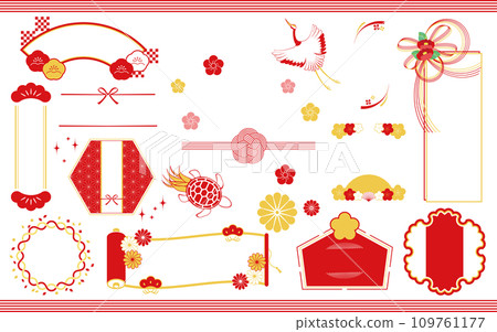 日式框架套裝紅色,飾有梅花和水引等日本材料 日式框架套裝紅色,飾有梅花和水引等日本材料 109761177