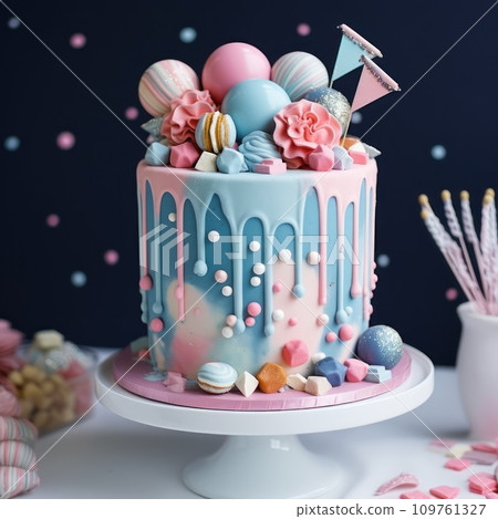 AI-generated content. Gender party cake in blue and pink color AI-generated content. Gender party cake in blue and pink color 109761327