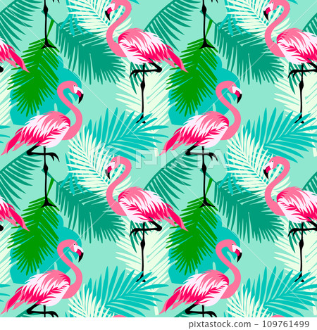Seamless floral vector summer pattern with tropical jungle leaves, flamingo Seamless floral vector summer pattern with tropical jungle leaves, flamingo 109761499