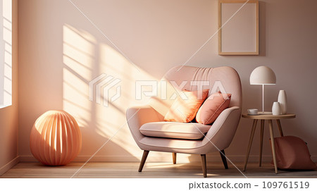 Living room interior design with Scandinavian furniture in peach colors and minimalist style ,ai generated 109761519