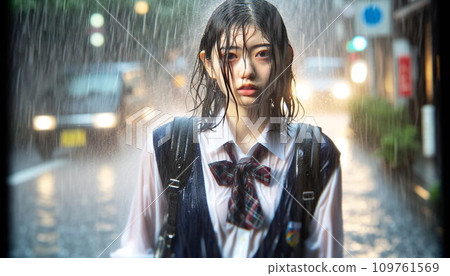 一名女子沒有帶傘被雨淋濕（AI 生成） 109761569