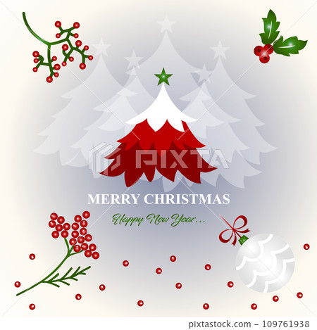 Merry Christmas and Happy New Year card design with berries and tree Merry Christmas and Happy New Year card design with berries and tree 109761938