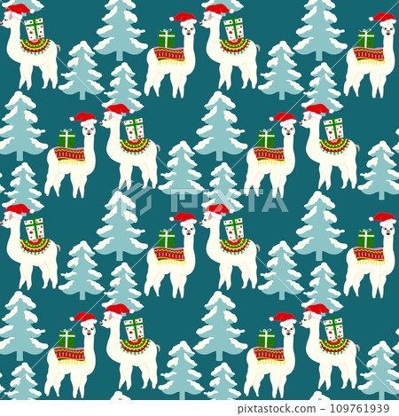 Christmas seamless pattern with cute llamas in hats Christmas seamless pattern with cute llamas in hats 109761939