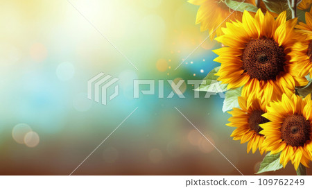 Summer background with yellow blue gradient and bokeh, sunflowers with yellow petals and dark brown centers, warmth, energy, and brightness of summer season. Banner with copy space, greeting card Summer background with yellow blue gradient and bokeh, sunflowers with yellow petals and dark brown centers, warmth, energy, and brightness of summer season. Banner with copy space, greeting card 109762249